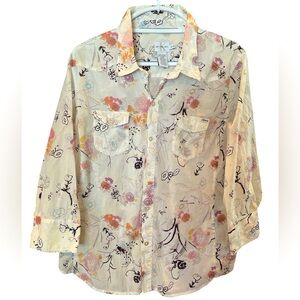 Calvin Klein Jeans White with Multicolor Florals Lightweight Button Top size XL